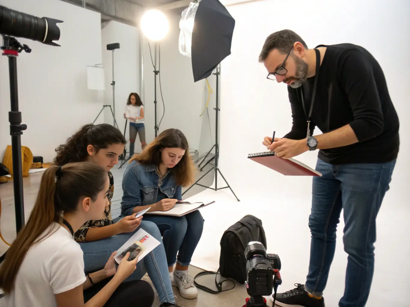 A group of participants actively engaged in a photography workshop, focusing on camera settings and composition techniques, with an instructor providing guidance in a bright studio setting.