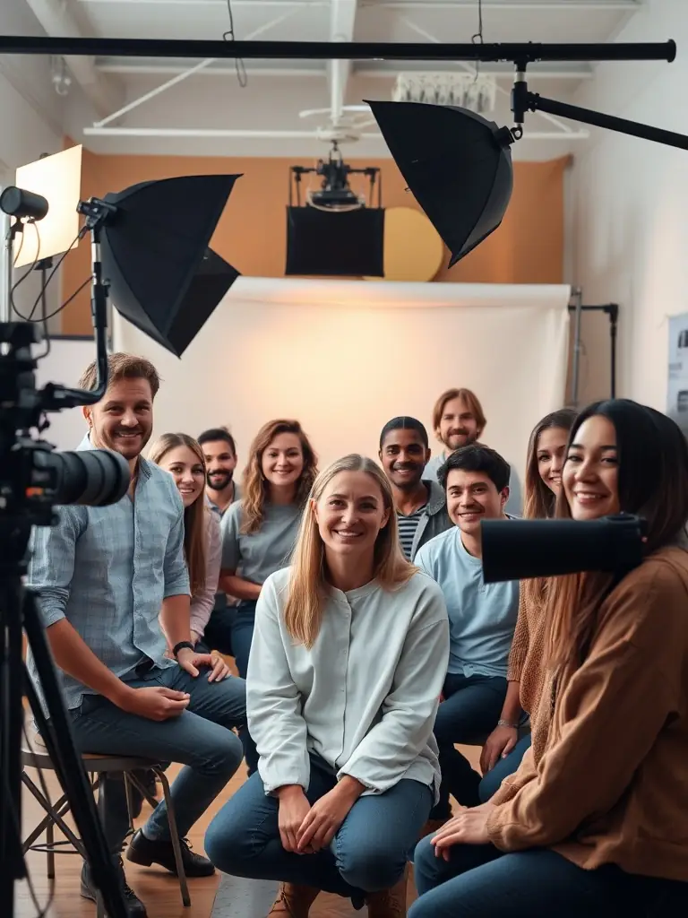 A group of participants actively engaged in a photography workshop, focusing on camera settings and composition techniques, set in a bright, modern studio at CENTRE DE RENCONTRES PHOTOGRAPHIQUES.