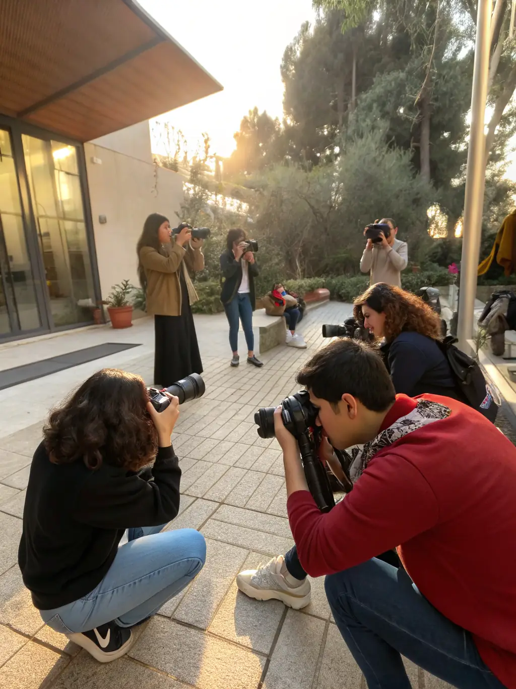 A community outreach program where photographers from CENTRE DE RENCONTRES PHOTOGRAPHIQUES are teaching photography to underprivileged youth in an outdoor setting.