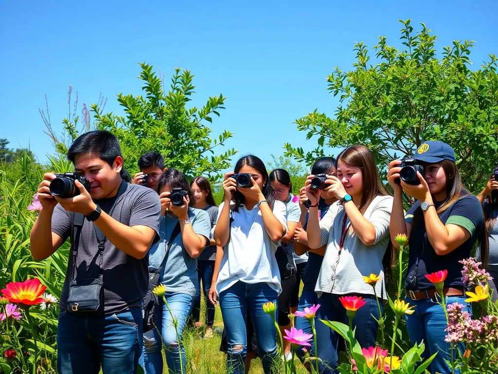 A group of young students participating in a photography-based community outreach program, learning basic photography skills and exploring their local environment through the lens.