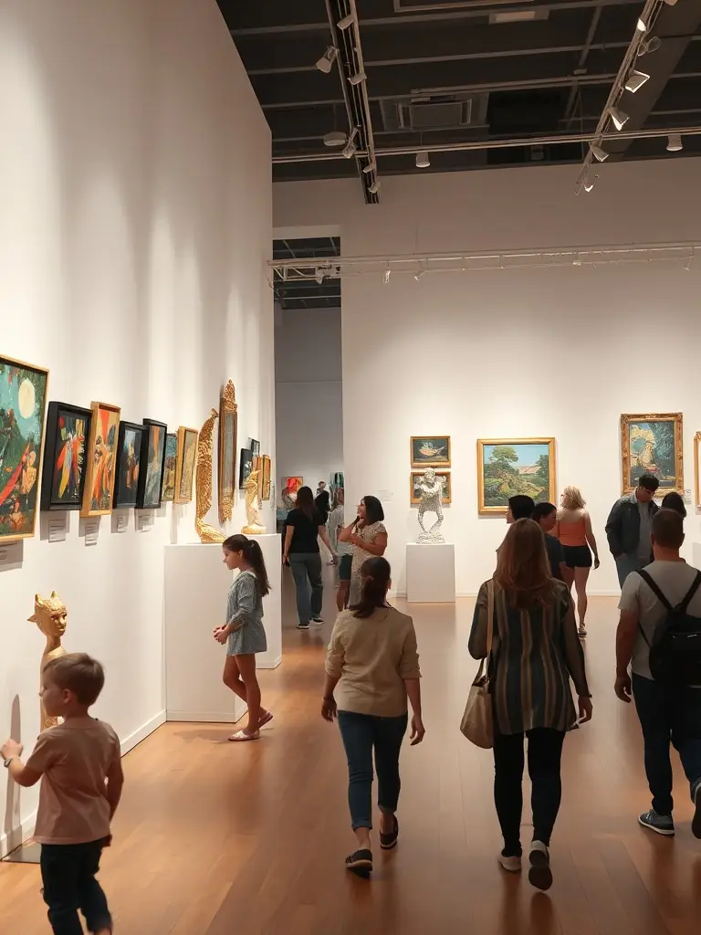 A vibrant exhibition showcasing diverse photographic works from local and international artists, displayed in a modern gallery setting with visitors admiring the art.