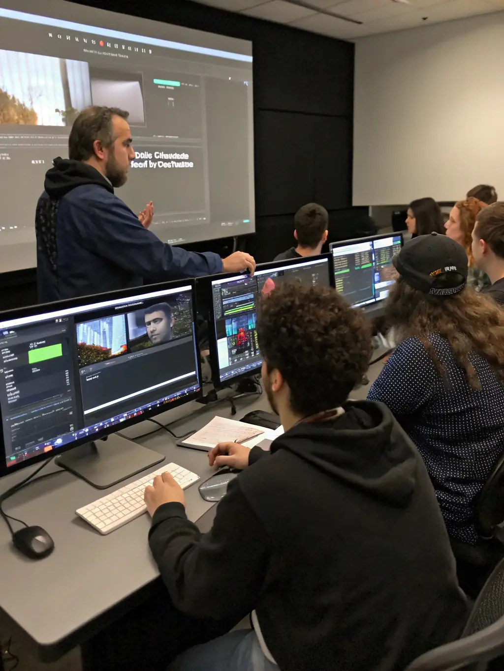 A digital darkroom session where participants are learning advanced photo editing techniques on computers, guided by an instructor.