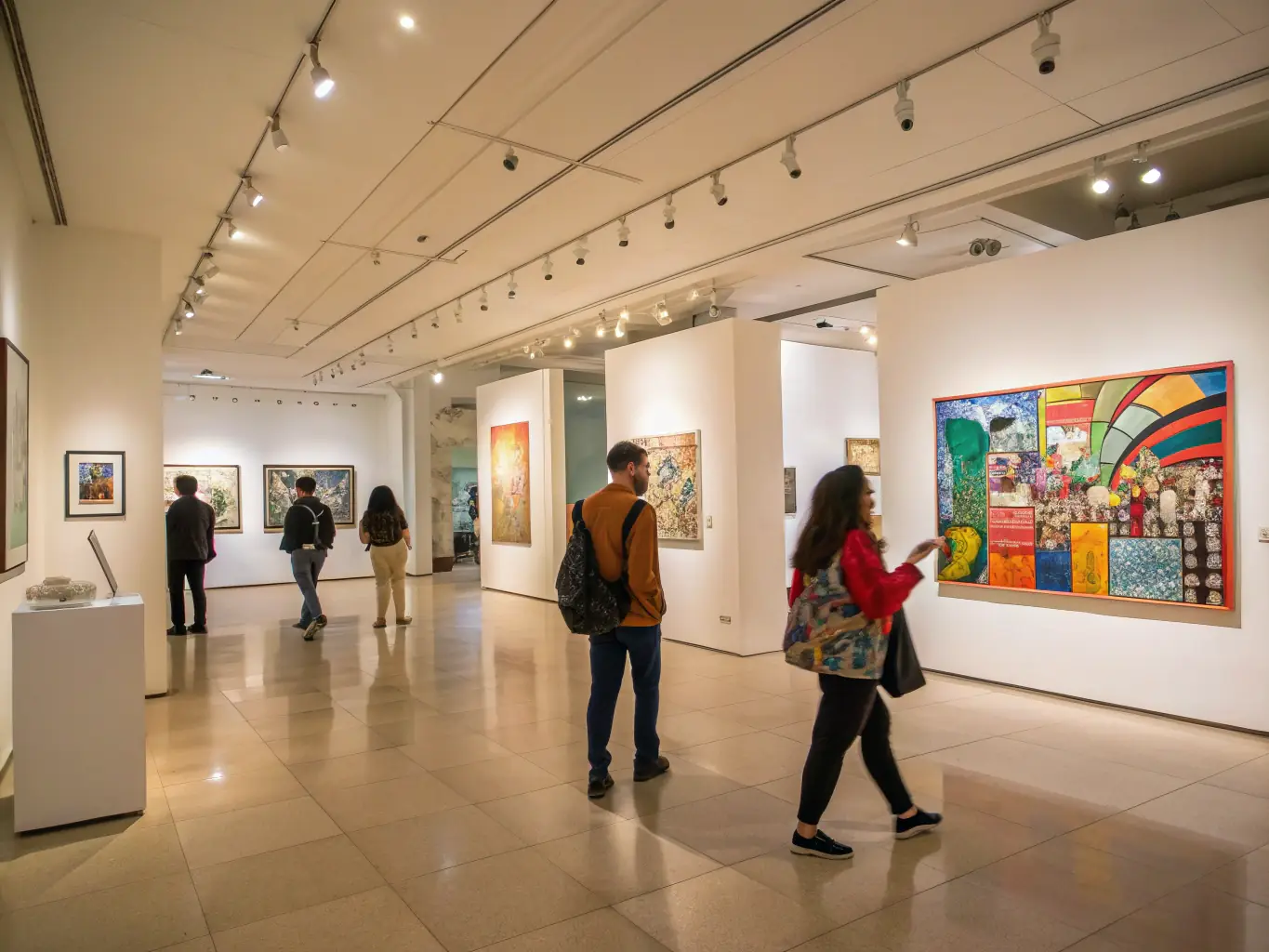 A vibrant exhibition showcasing a collection of photographs from various artists, displayed in a well-lit gallery space, attracting a diverse audience.